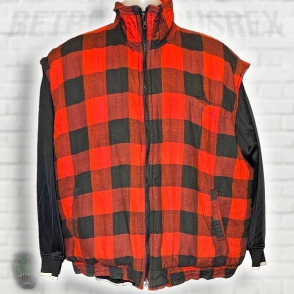 VINTAGE 1990's Red Buffalo Plaid Utility Sleeveless Quilted Puff Vest, Big 3X - Picture 1 of 8